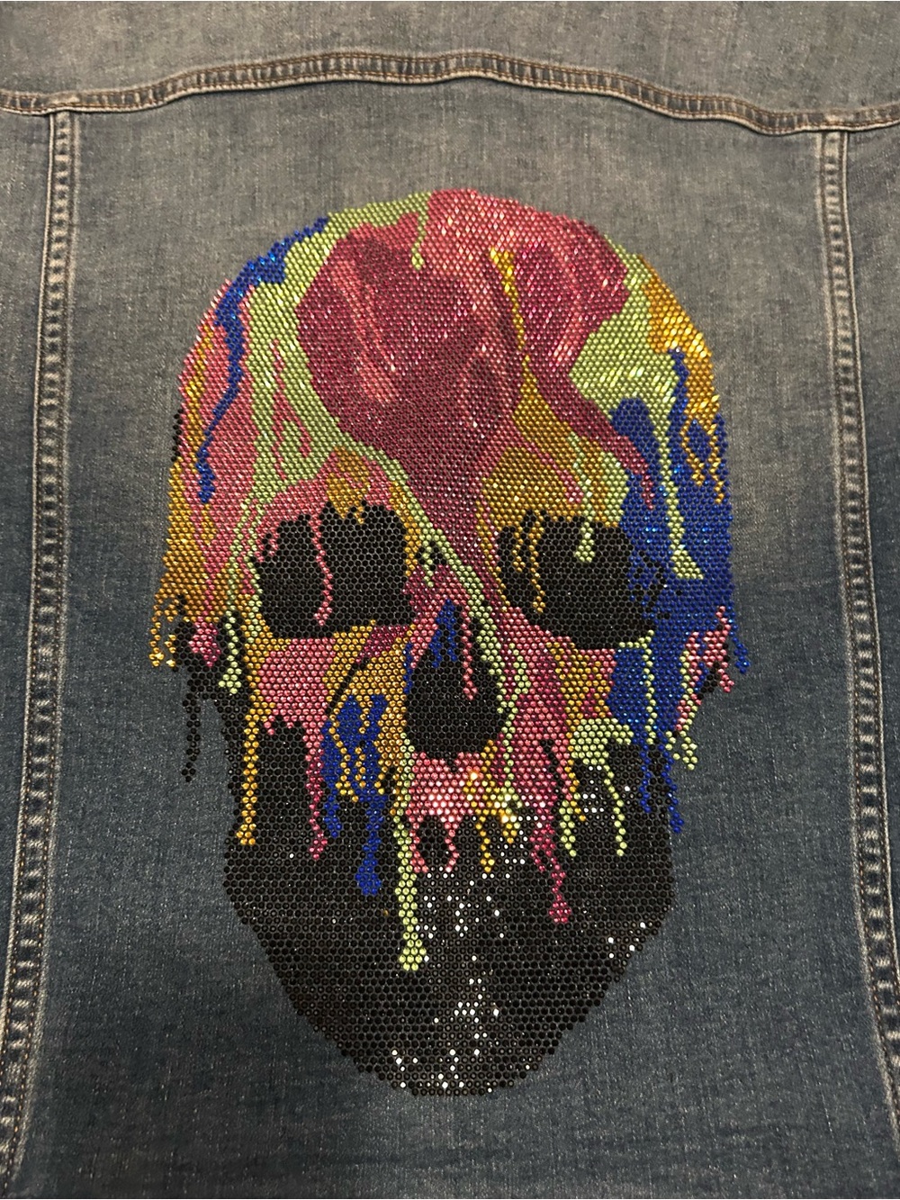 Source Unknown Denim Jacket with Multicolor Sequin Drip Skull custom by xoxoE